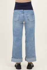 Light Blue Distressed Knee Cuffed Ankle Wide Leg Maternity Jeans