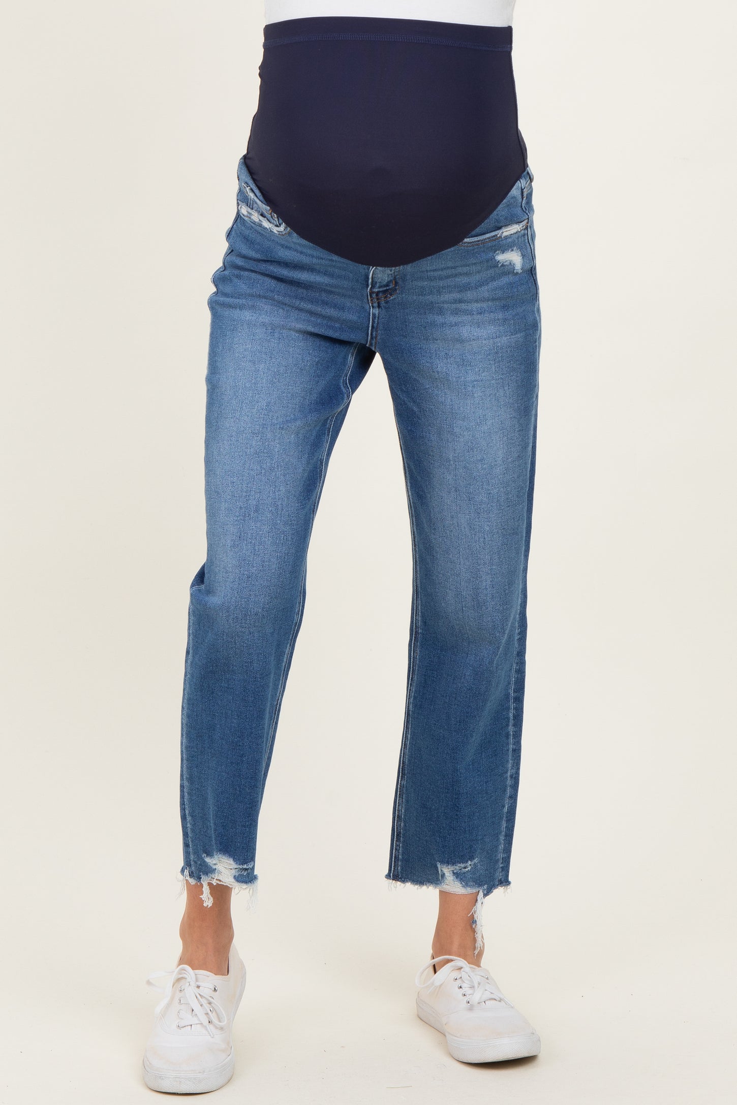 Blue Frayed Hem Cropped Straight Leg Maternity Jeans