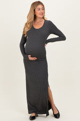 Charcoal Ribbed Long Sleeve Side Slit Maternity Maxi Dress