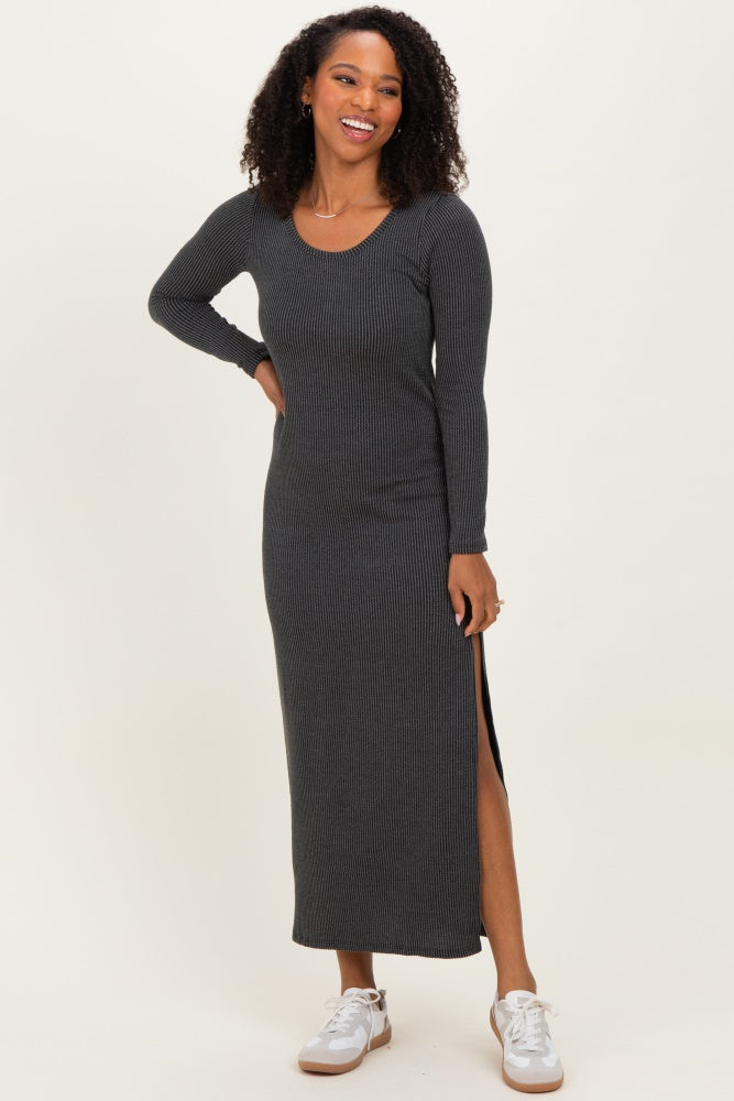 Charcoal Ribbed Long Sleeve Side Slit Maxi Dress