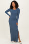 Navy Ribbed Long Sleeve Side Slit Maxi Dress
