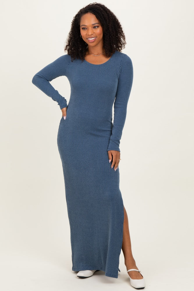 Navy Ribbed Long Sleeve Side Slit Maxi Dress