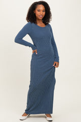 Navy Ribbed Long Sleeve Side Slit Maxi Dress