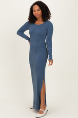 Navy Ribbed Long Sleeve Side Slit Maxi Dress