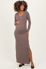 Brown Ribbed Long Sleeve Side Slit Maternity Maxi Dress