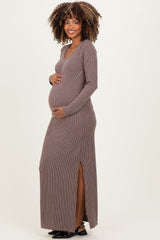 Brown Ribbed Long Sleeve Side Slit Maternity Maxi Dress