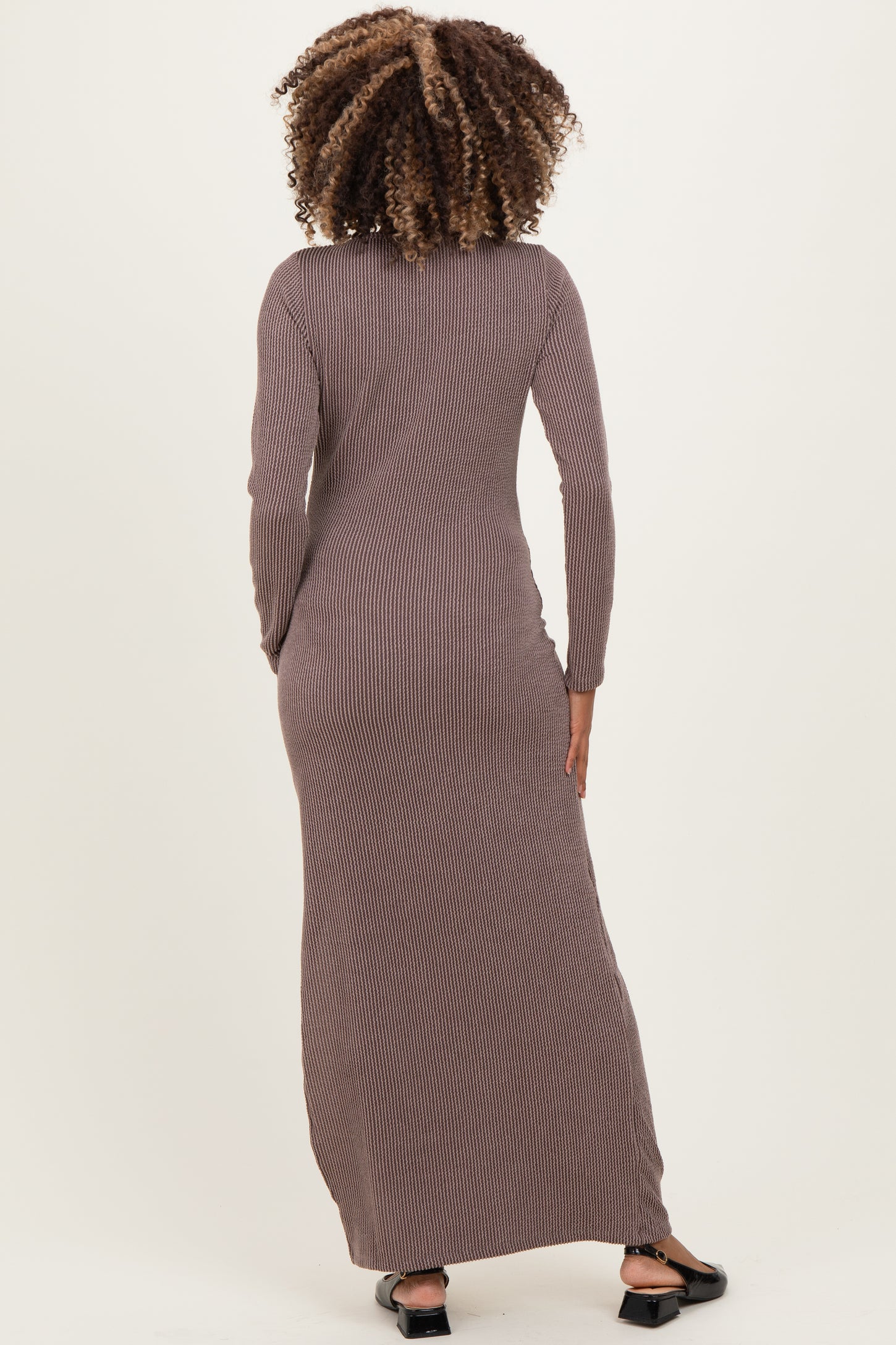 Brown Ribbed Long Sleeve Side Slit Maternity Maxi Dress