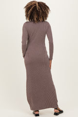 Brown Ribbed Long Sleeve Side Slit Maternity Maxi Dress