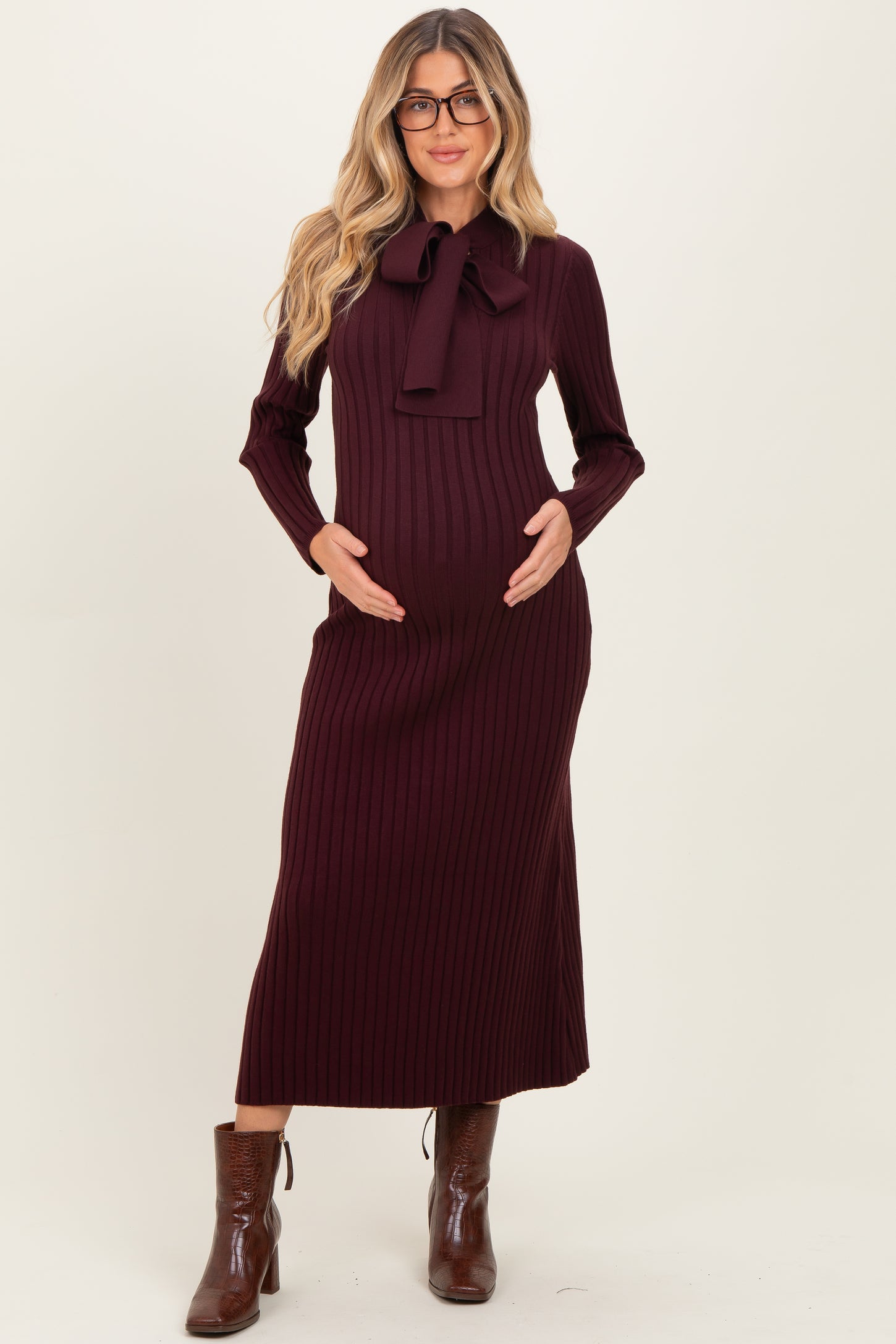 Burgundy Neck Tie Sweater Maternity Dress