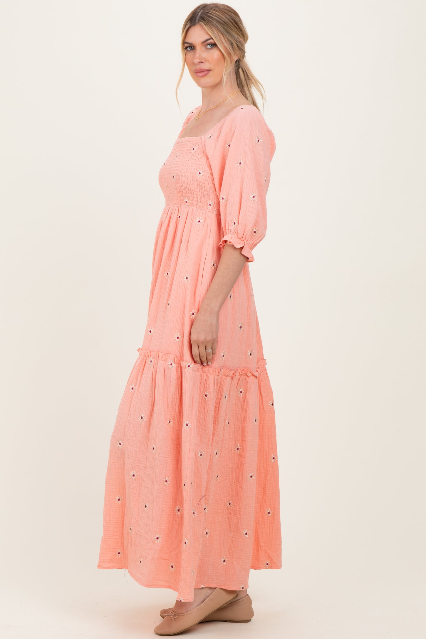 Light Pink Floral Smocked Puff Sleeve Maxi Dress