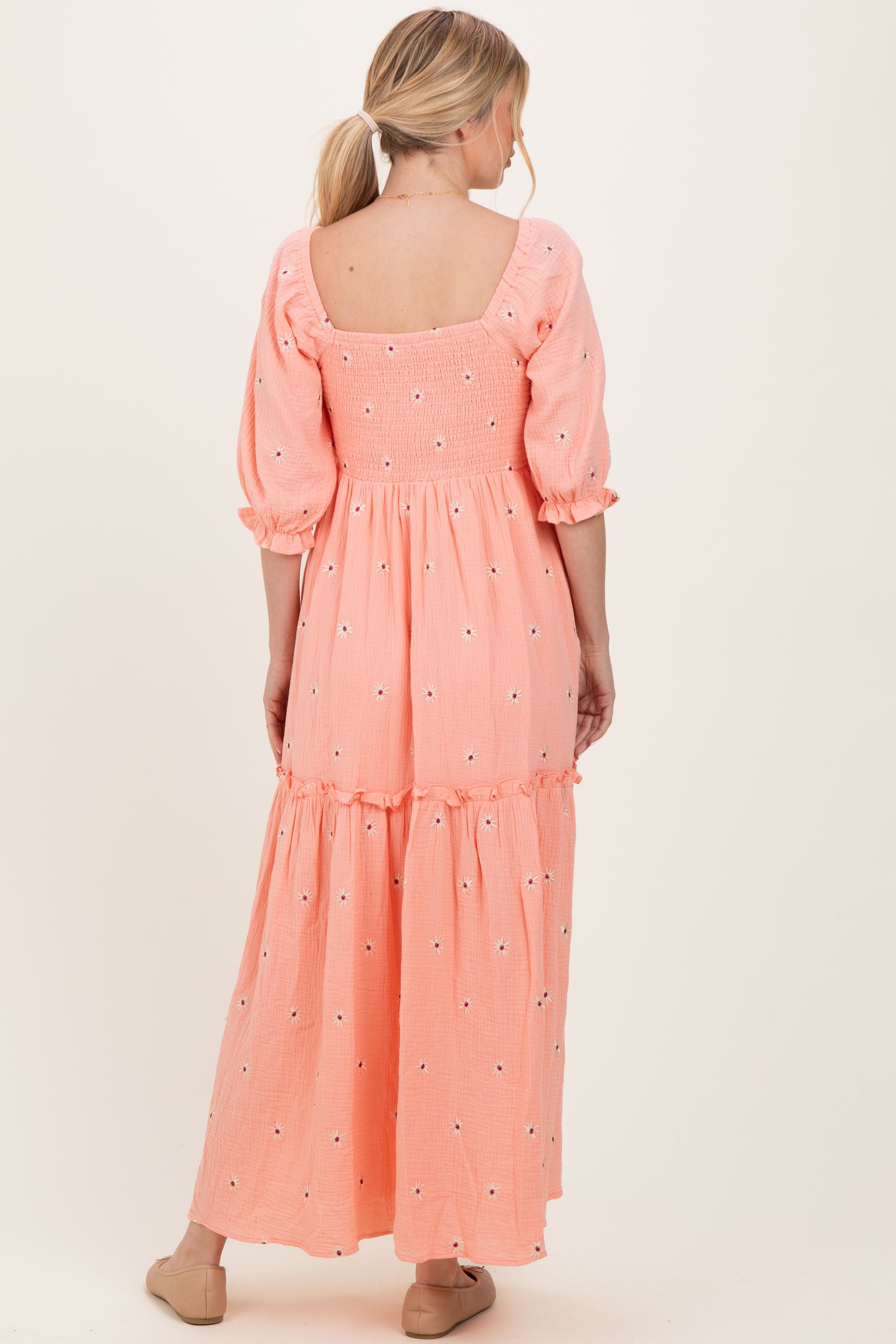 Light Pink Floral Smocked Puff Sleeve Maxi Dress
