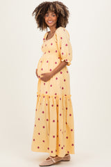 Yellow Floral Smocked Puff Sleeve Maternity Maxi Dress