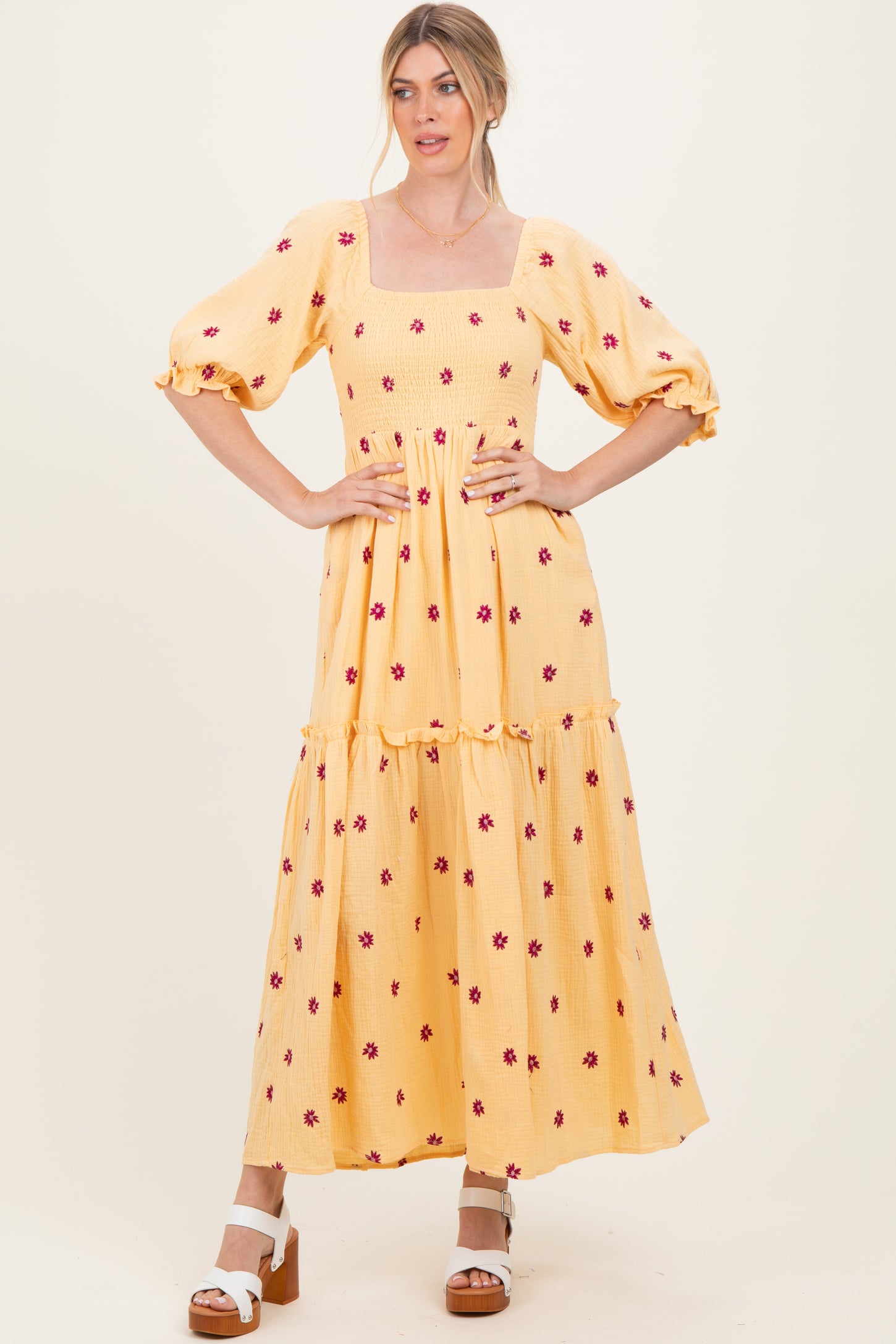 Yellow Floral Smocked Puff Sleeve Maxi Dress