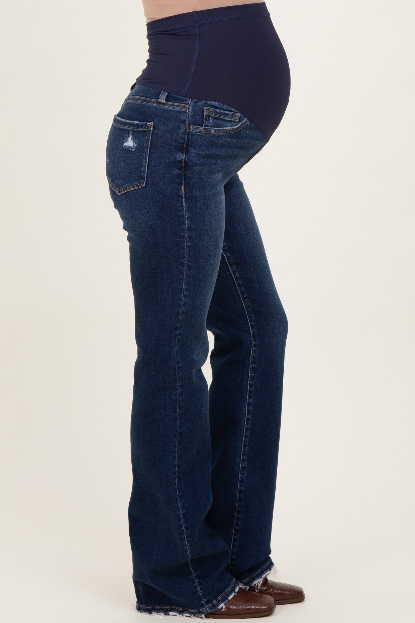 Navy Dark Wash Frayed Hem Maternity Bootcut Jeans