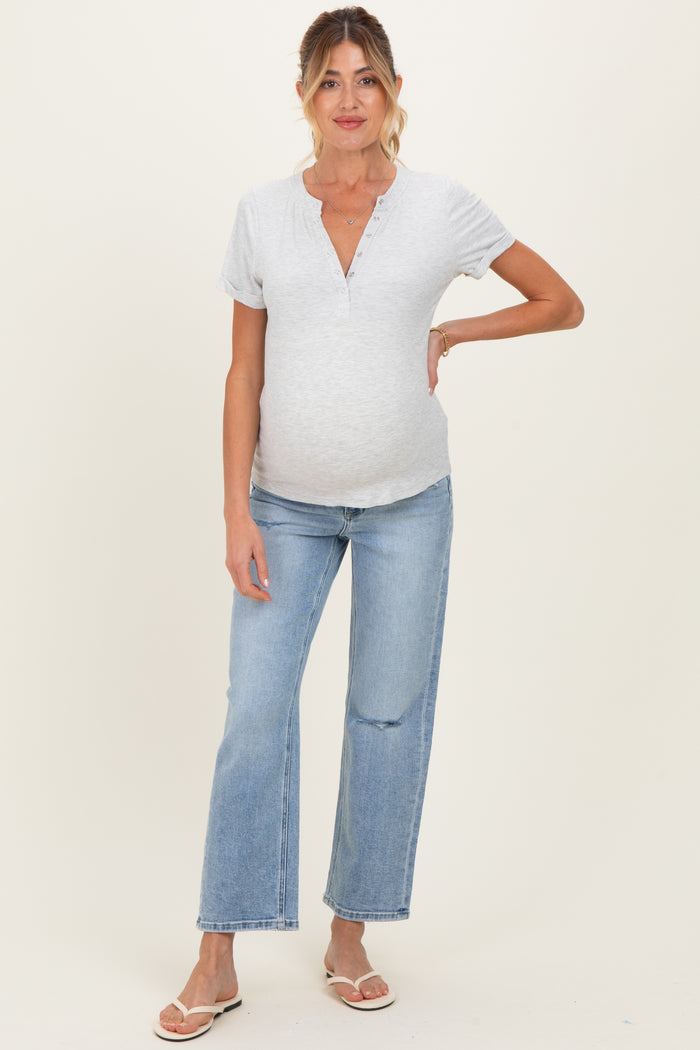 Light Blue Distressed Open Knee Ankle Straight Leg Maternity Jeans
