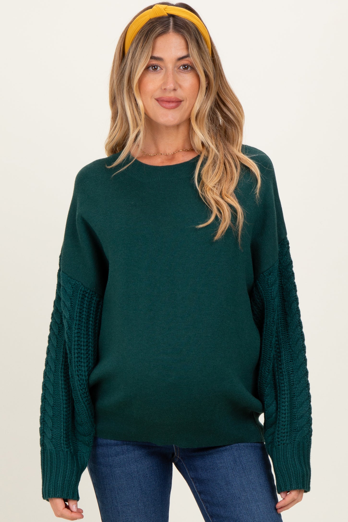 Hunter Green Cable Knit Sleeve Round Neck Maternity Sweater