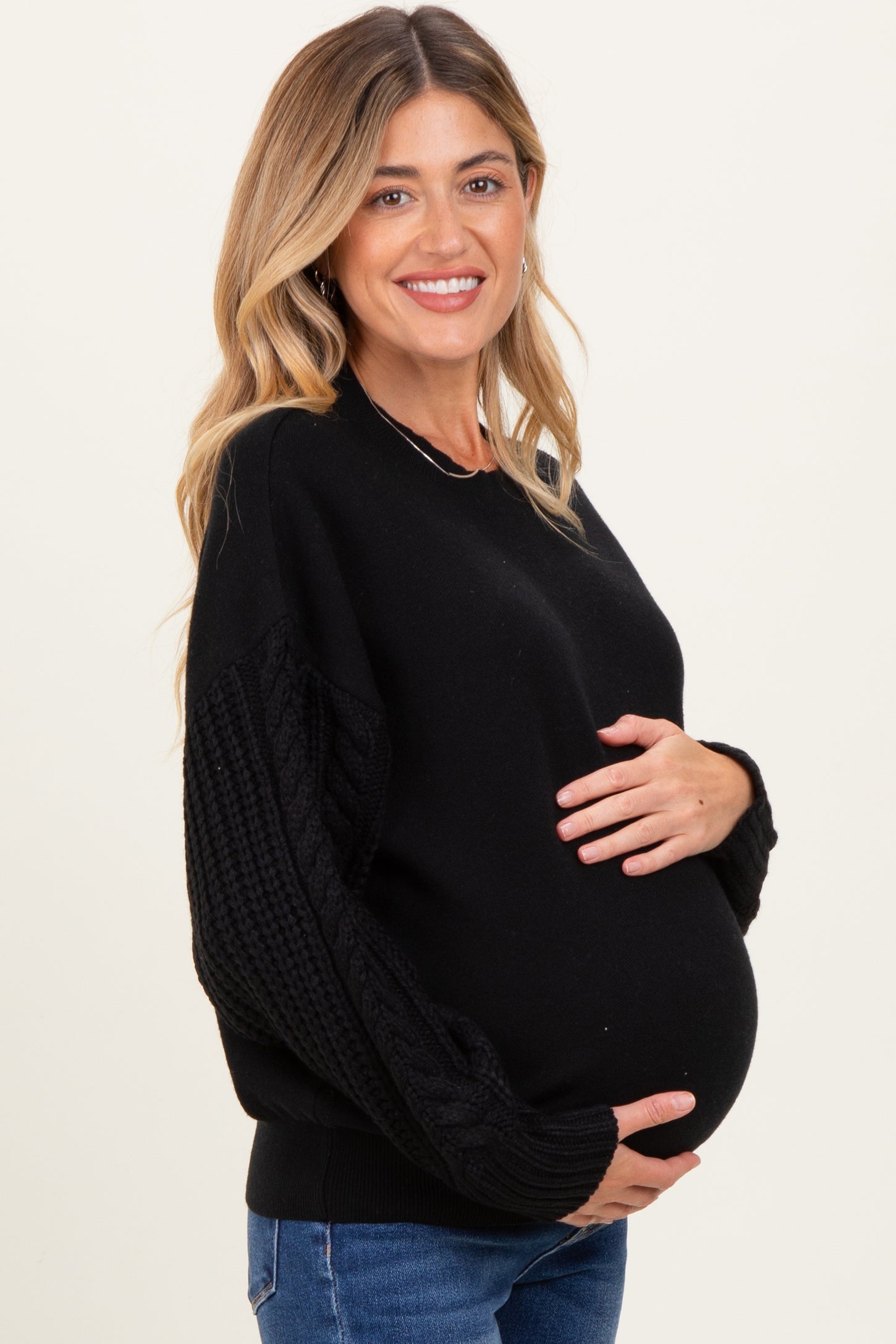 Black Cable Knit Sleeve Round Neck Maternity Sweater