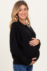Black Cable Knit Sleeve Round Neck Maternity Sweater