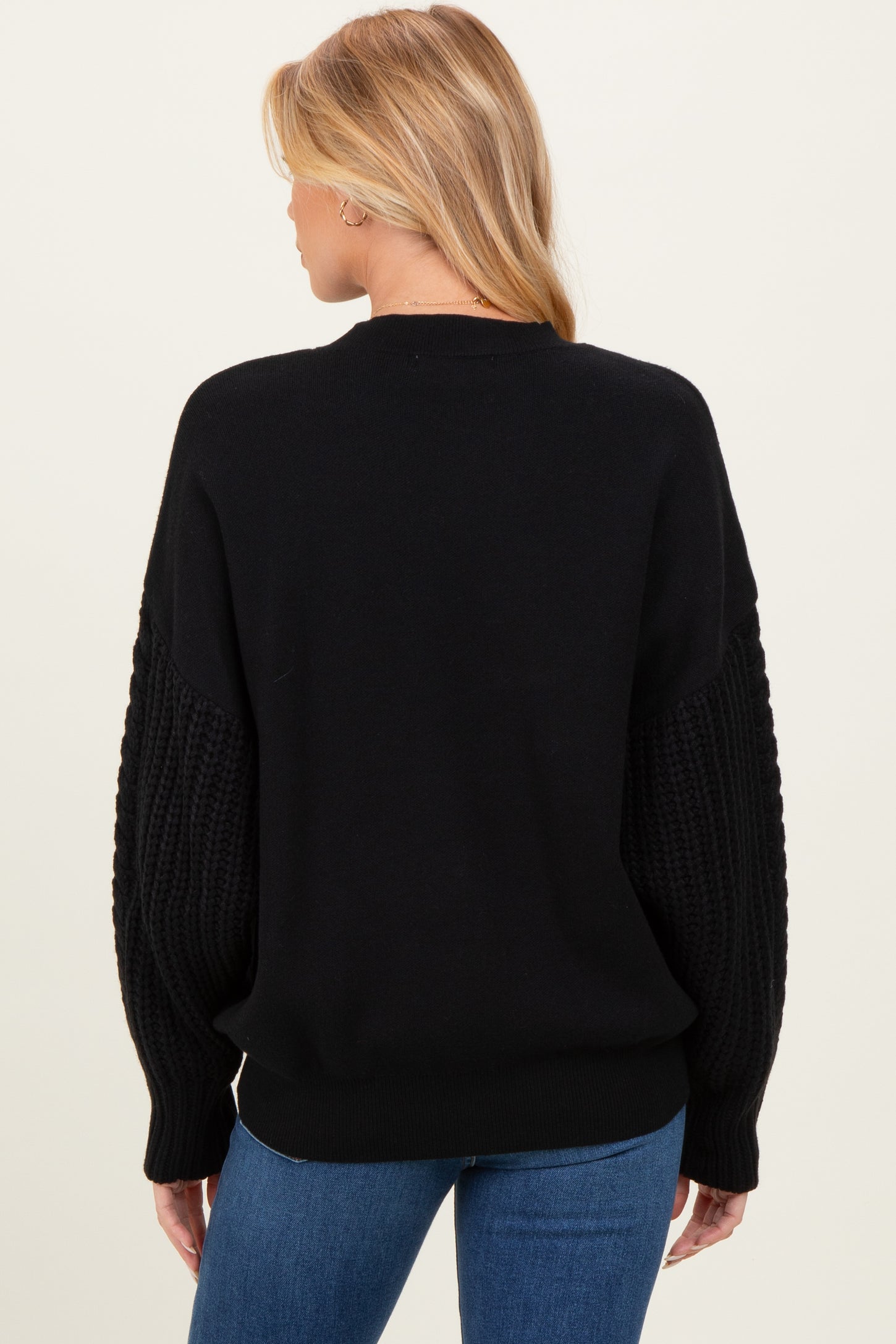 Black Cable Knit Sleeve Round Neck Maternity Sweater