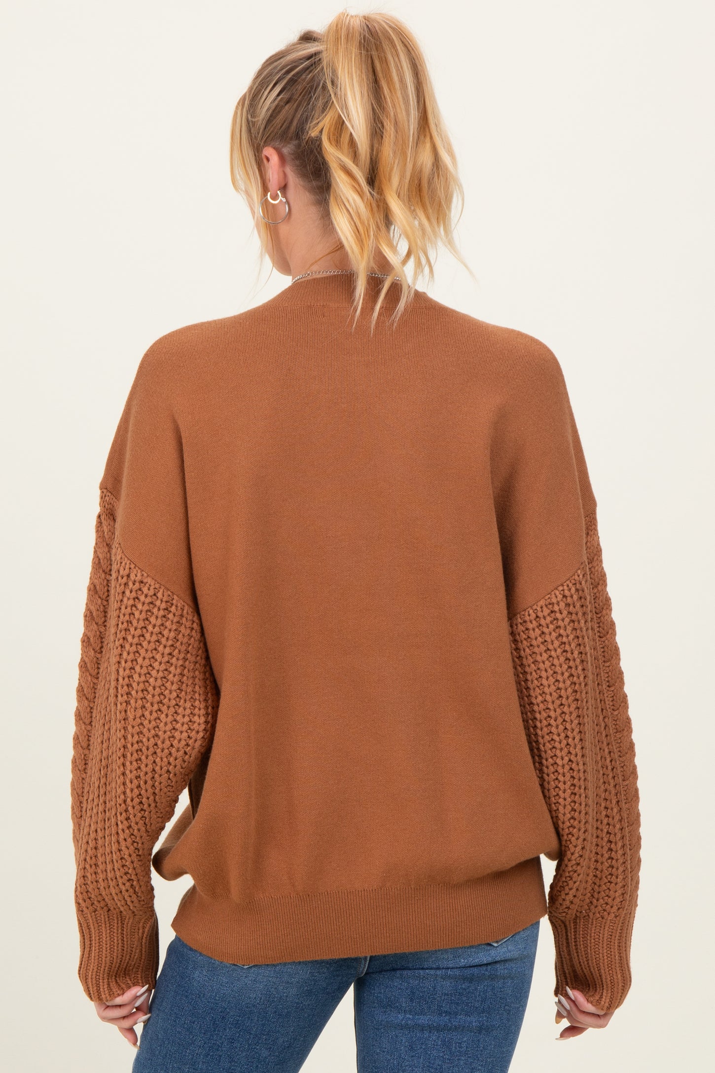 Camel Cable Knit Sleeve Round Neck Maternity Sweater