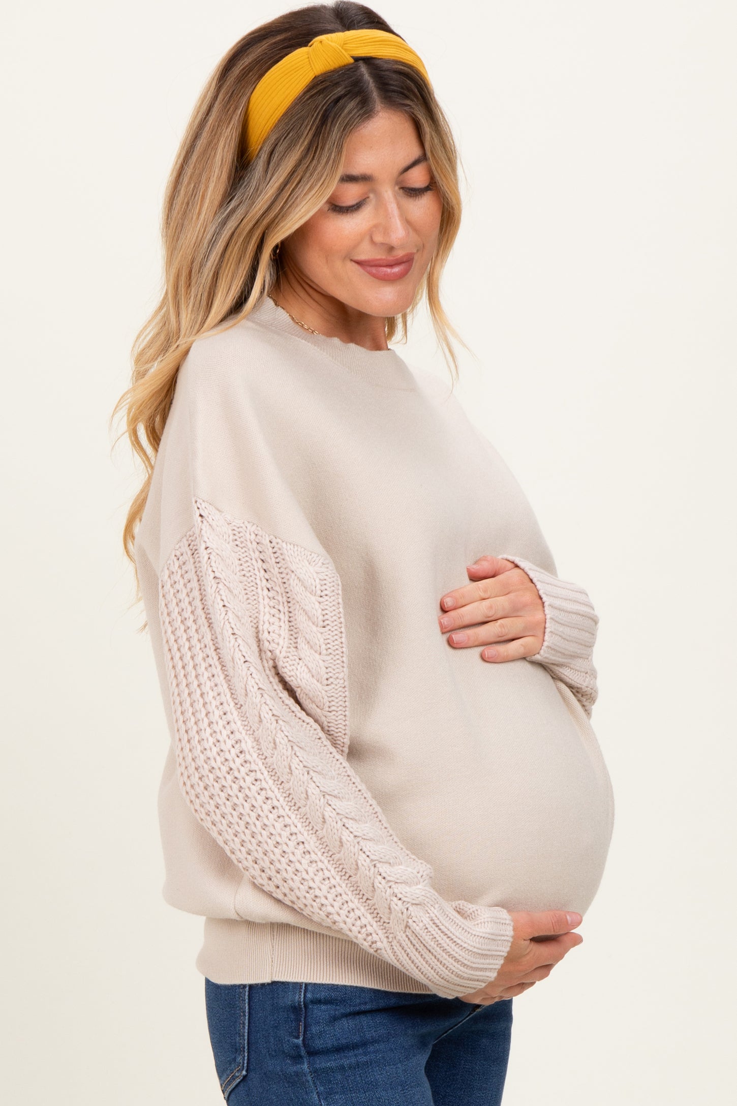Beige Cable Knit Sleeve Round Neck Maternity Sweater