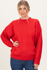 Red Cable Knit Sleeve Round Neck Sweater
