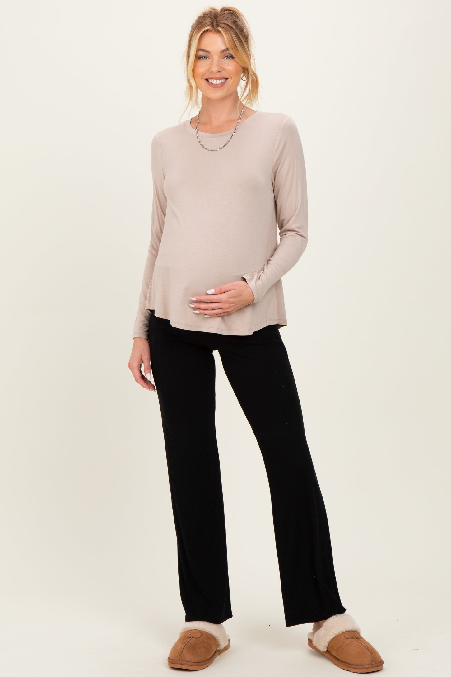 Taupe Flowy Round Hem Maternity Long Sleeve Top