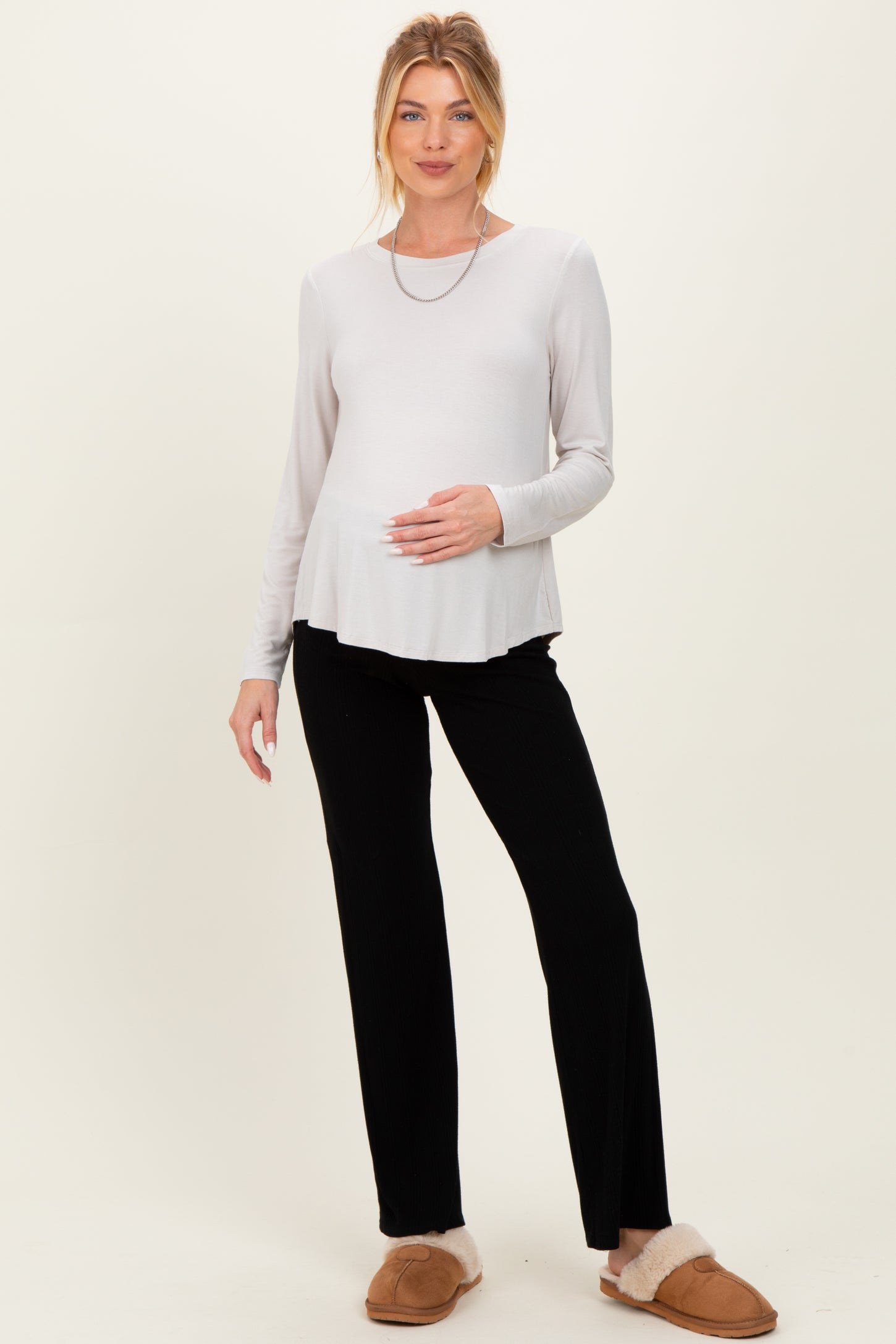 Beige Flowy Round Hem Maternity Long Sleeve Top