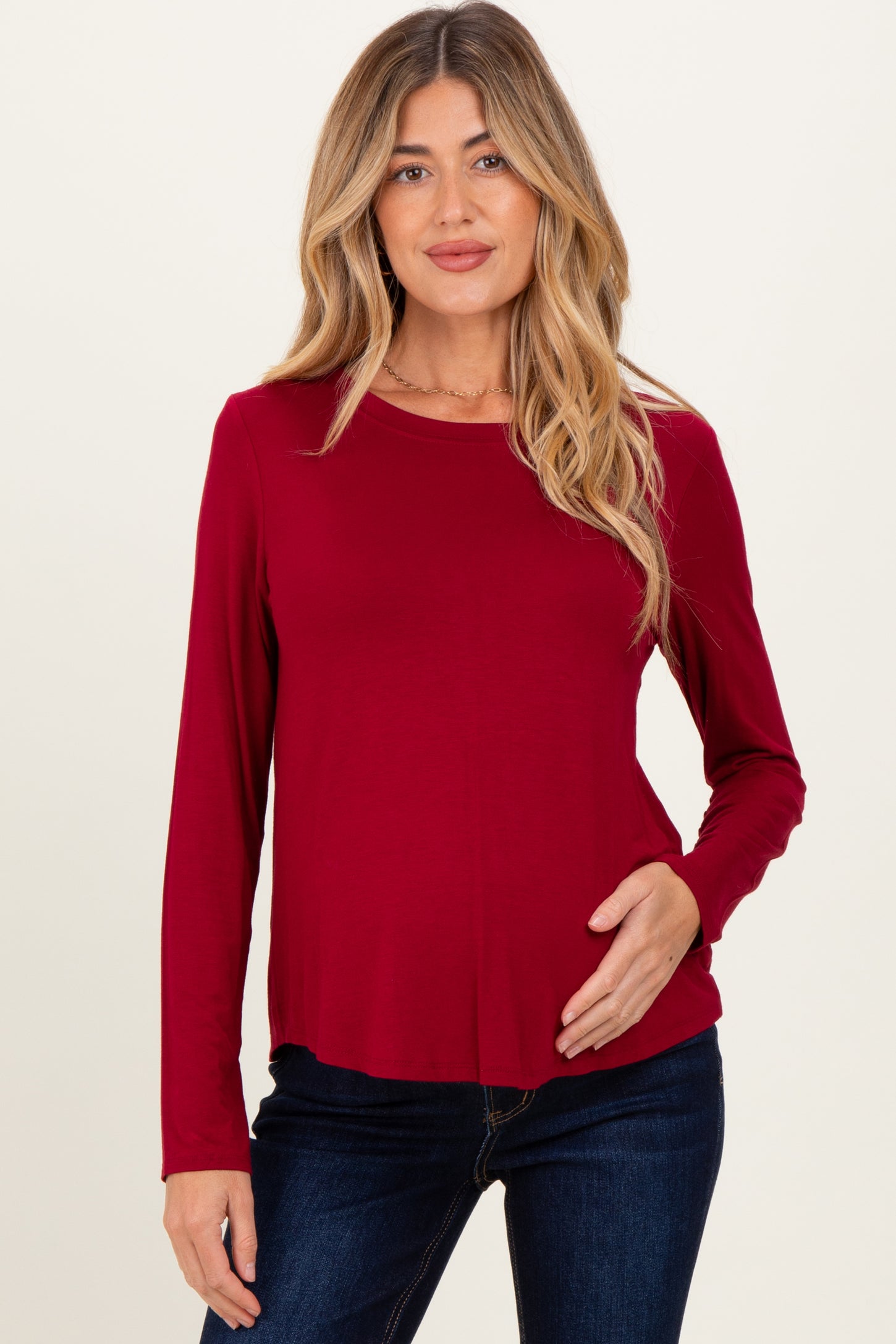 Burgundy Flowy Round Hem Maternity Long Sleeve Top