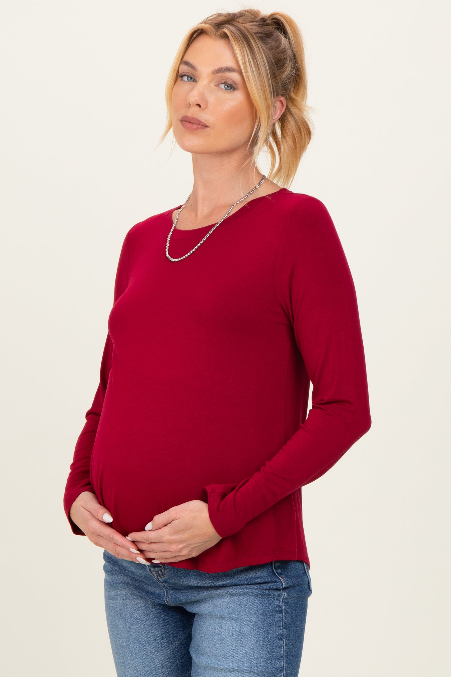 Burgundy Flowy Round Hem Maternity Long Sleeve Top