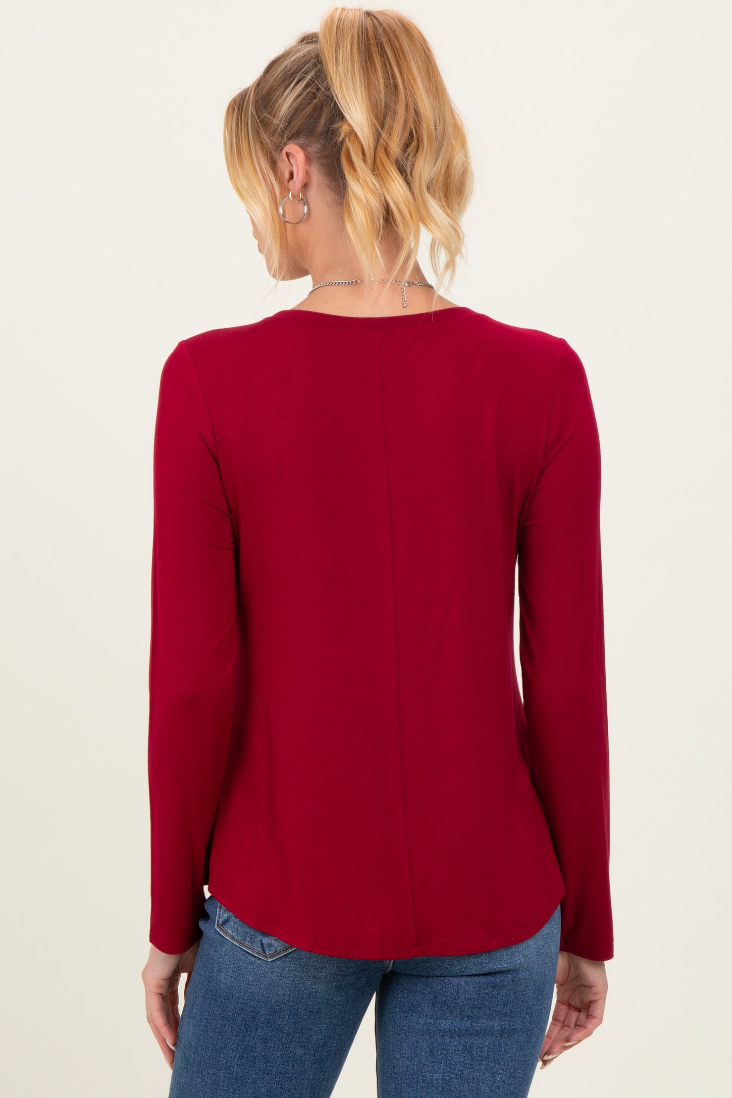 Burgundy Flowy Round Hem Maternity Long Sleeve Top