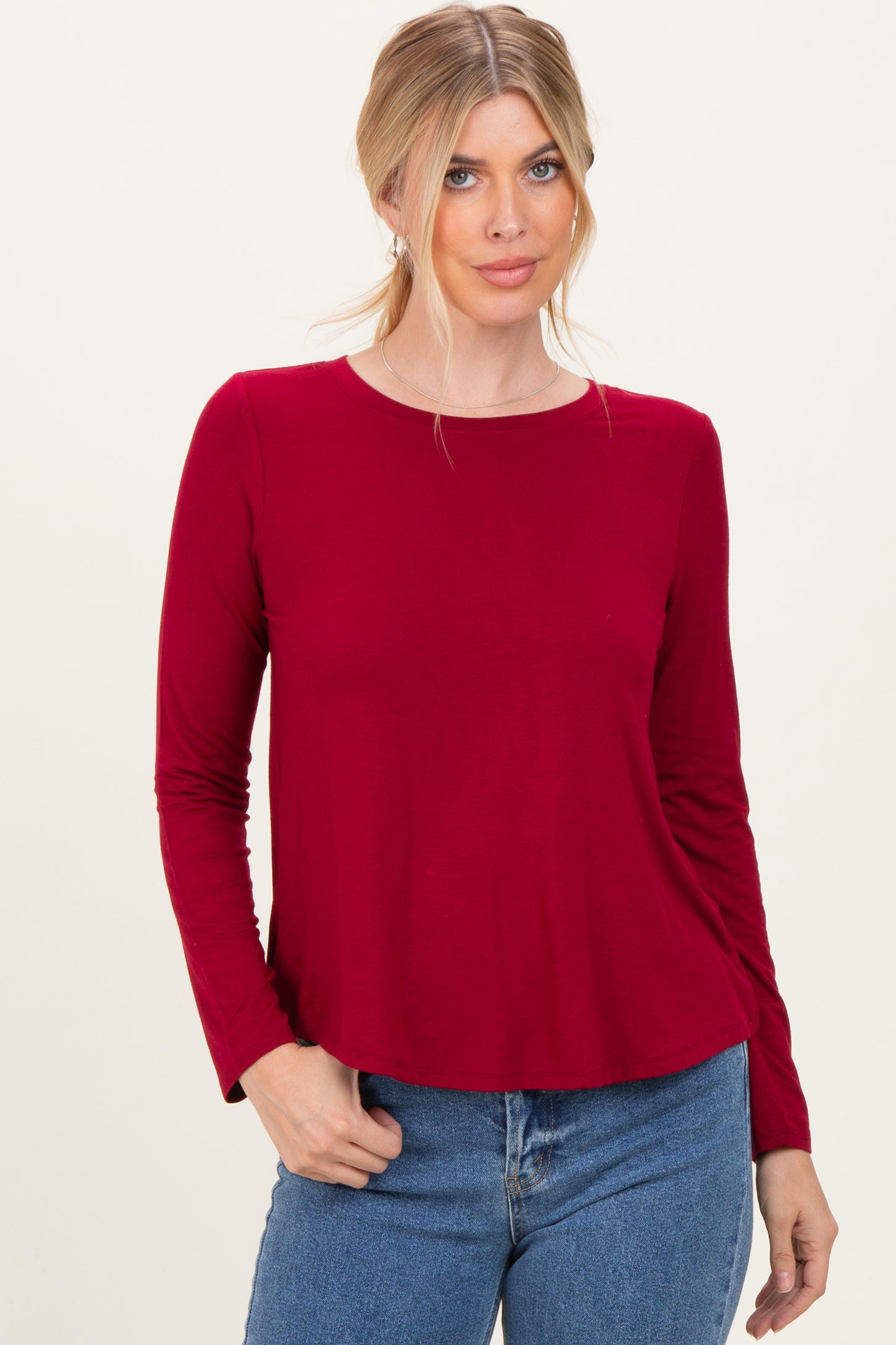 Burgundy Flowy Round Hem Maternity Long Sleeve Top