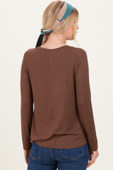Brown Flowy Round Hem Long Sleeve Top