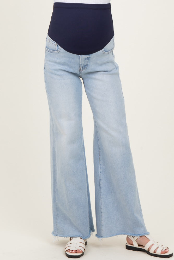 Light Blue Raw Hem Super Wide Leg Maternity Jeans