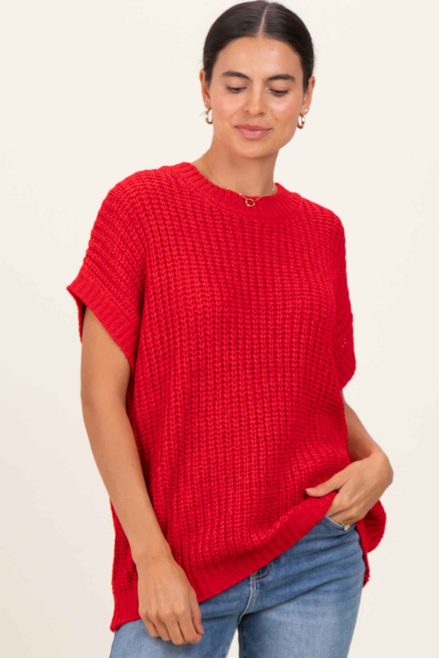 Red Short Sleeve Round Neck Maternity Sweater