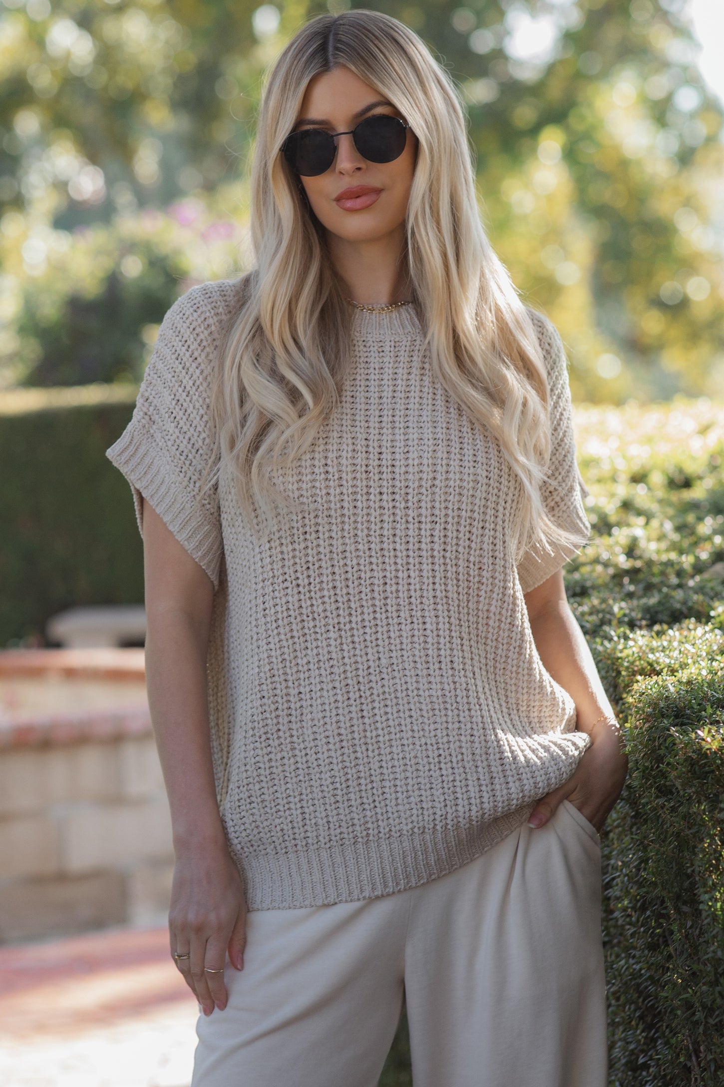 Beige Short Sleeve Round Neck Sweater