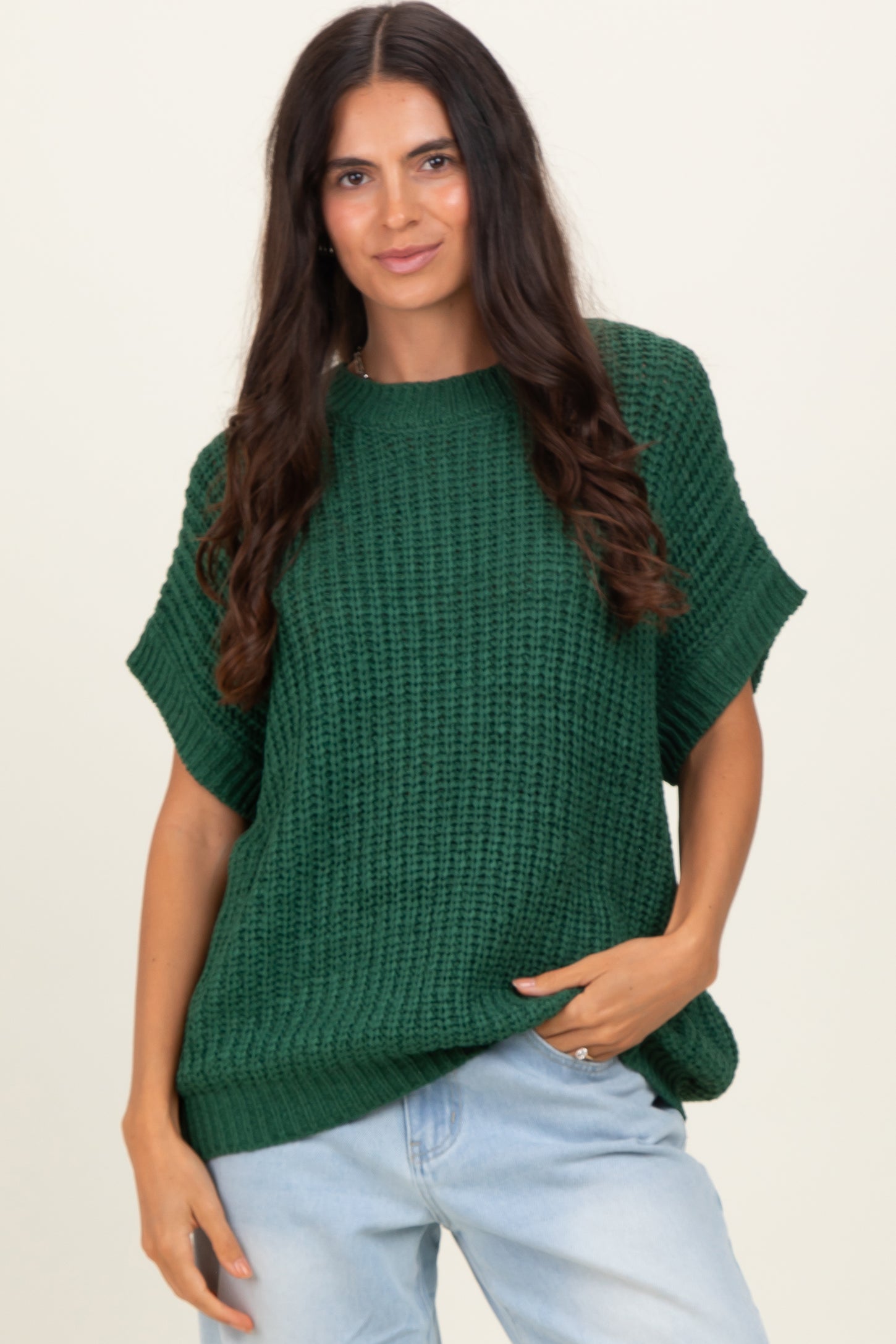 Green Short Sleeve Round Neck Maternity Sweater