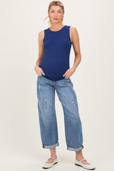 Blue Distressed Cuffed Ankle Barrel Leg Maternity Jeans