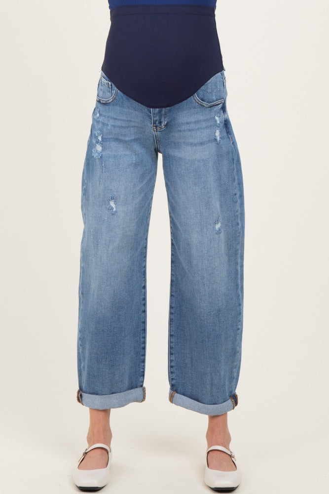 Blue Distressed Cuffed Ankle Barrel Leg Maternity Jeans