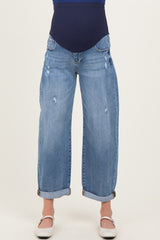Blue Distressed Cuffed Ankle Barrel Leg Maternity Jeans