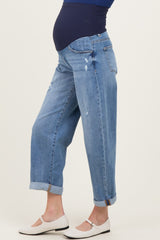 Blue Distressed Cuffed Ankle Barrel Leg Maternity Jeans