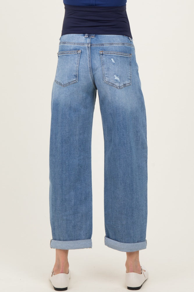 Blue Distressed Cuffed Ankle Barrel Leg Maternity Jeans