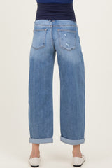 Blue Distressed Cuffed Ankle Barrel Leg Maternity Jeans