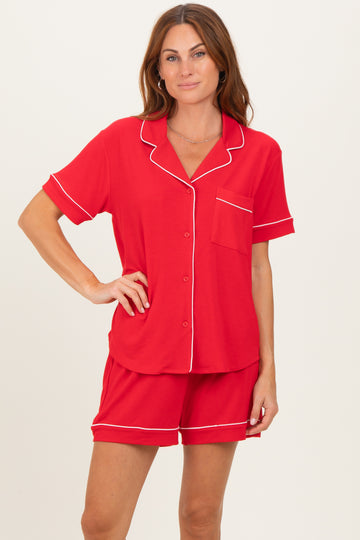 Red Short Sleeve Button Down Shirt Shorts Set