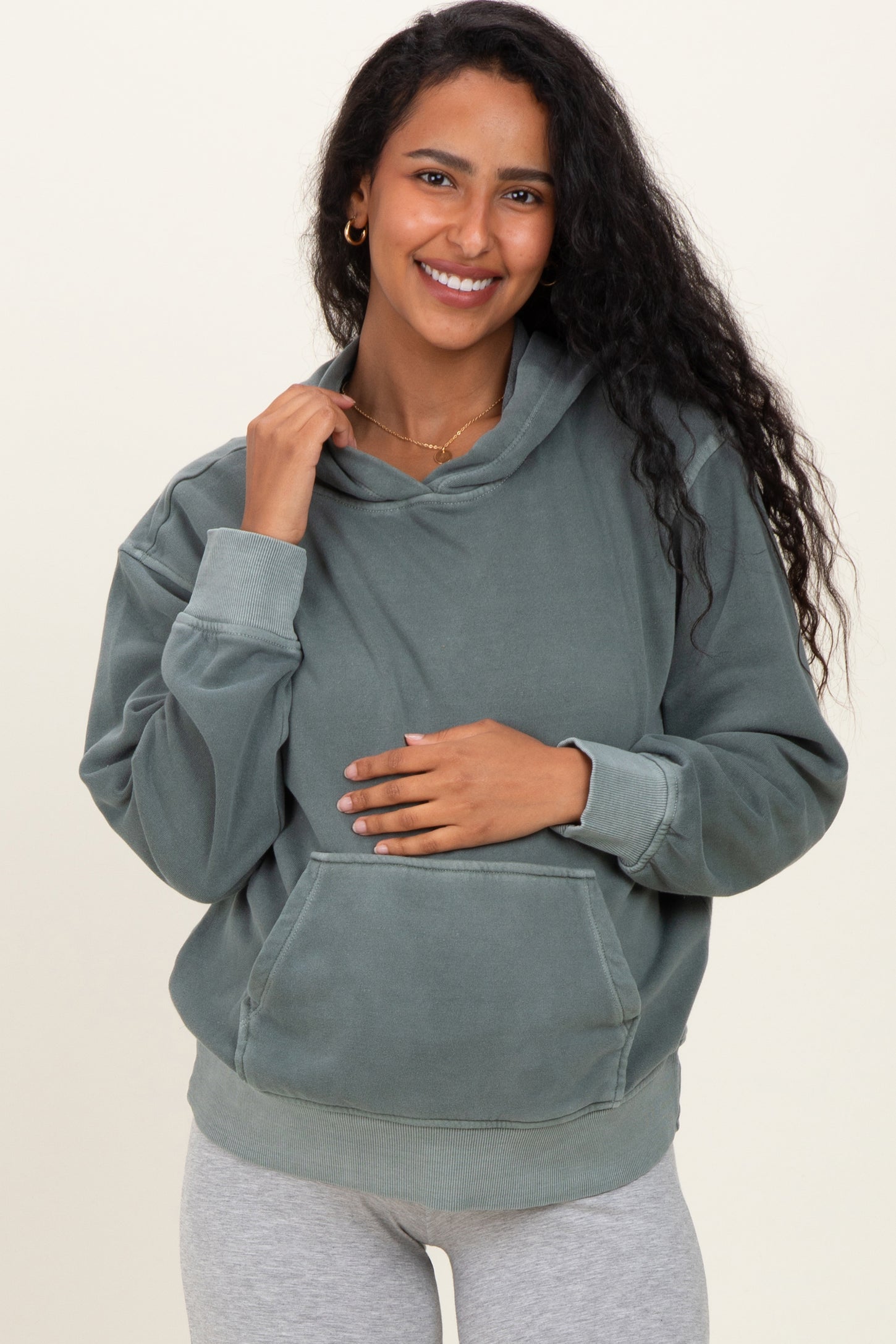 Dusty Jade Soft Fleece Maternity Pocket Hoodie