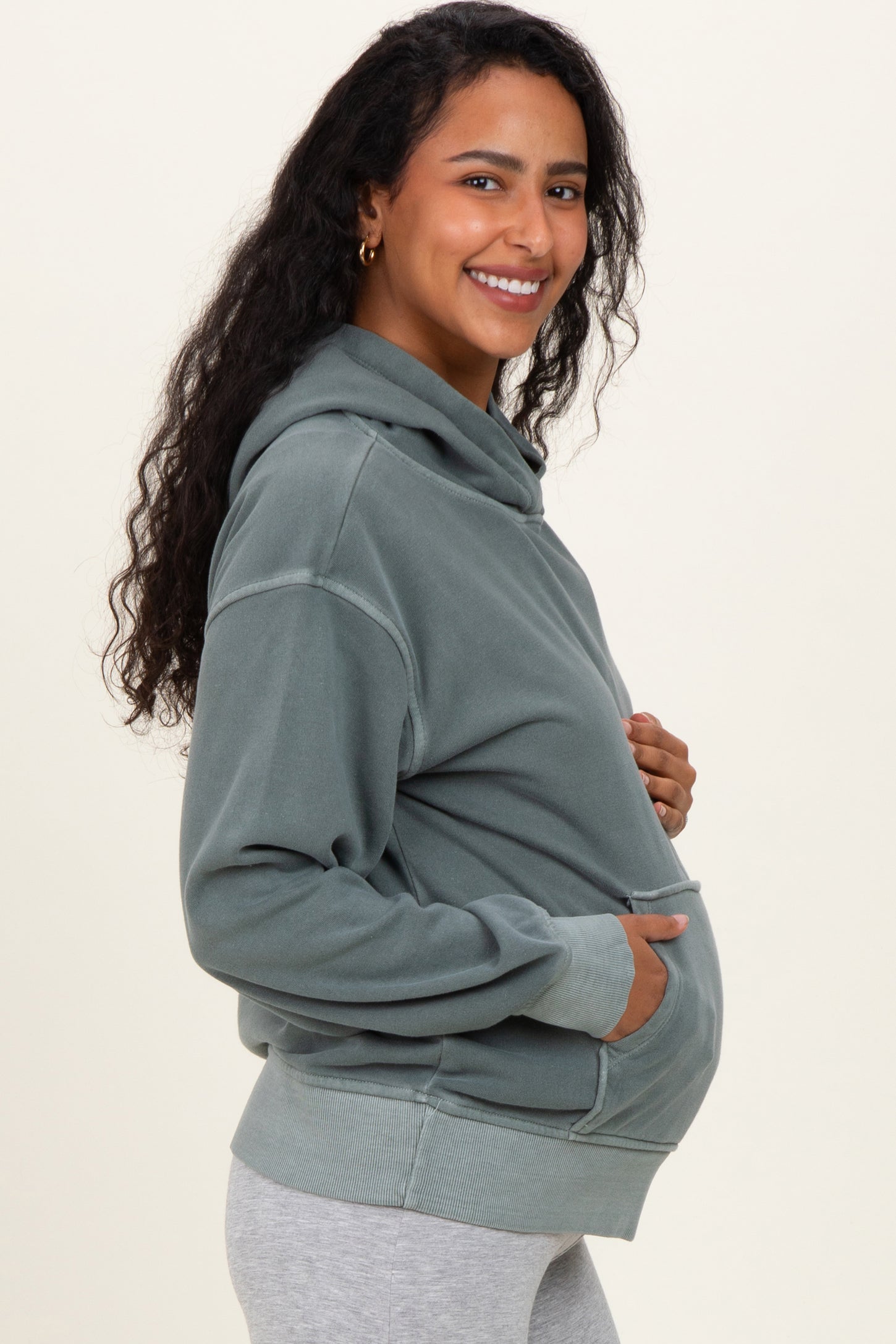 Dusty Jade Soft Fleece Maternity Pocket Hoodie