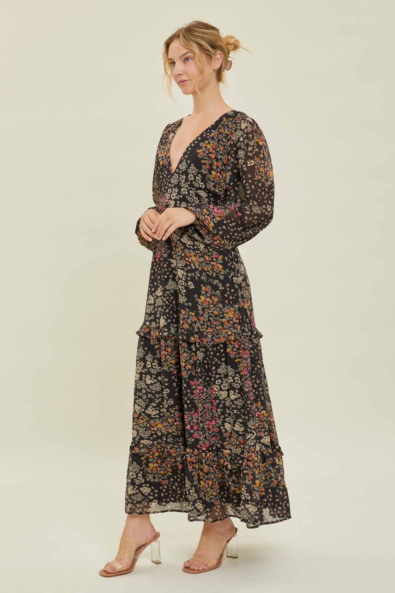 Black Floral Chiffon V-Neck Long Sleeve Maxi Dress