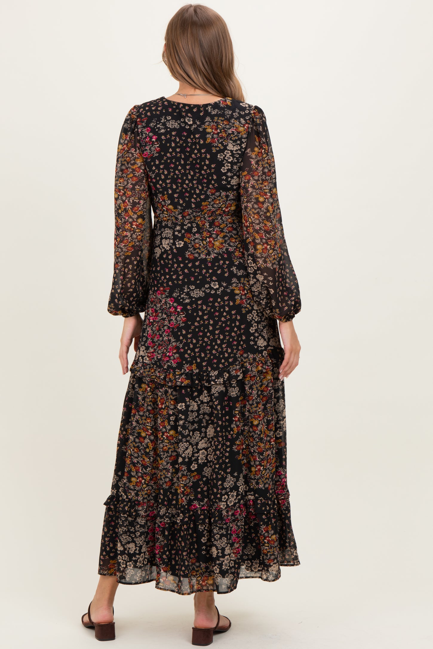 Black Floral Chiffon V-Neck Long Sleeve Maternity Maxi Dress