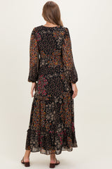 Black Floral Chiffon V-Neck Long Sleeve Maternity Maxi Dress