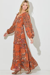 Orange Floral Chiffon V-Neck Long Sleeve Maxi Dress
